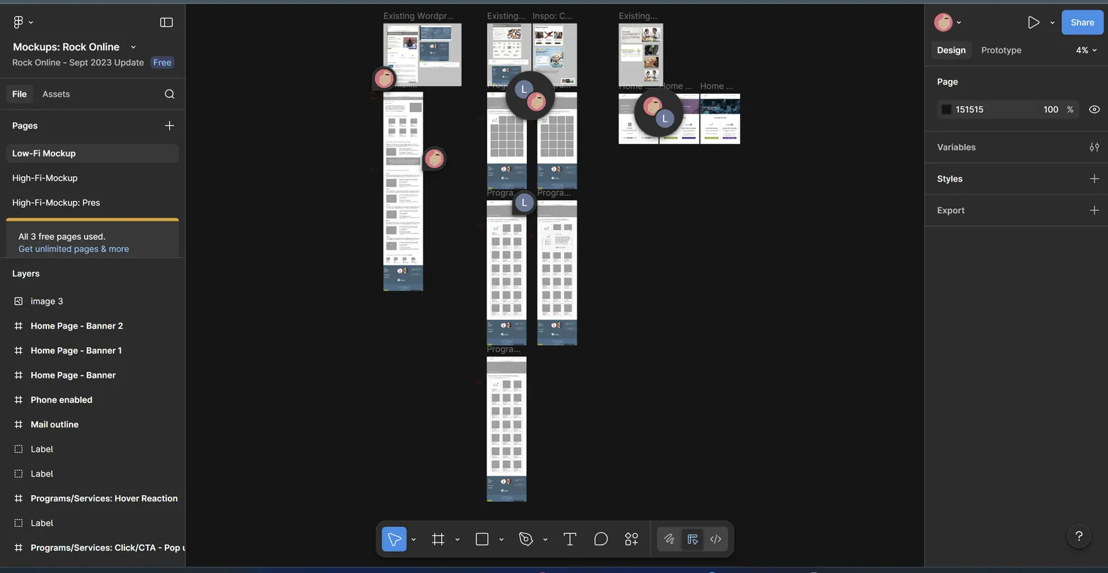 ROCK website wireframes laid out in the design file