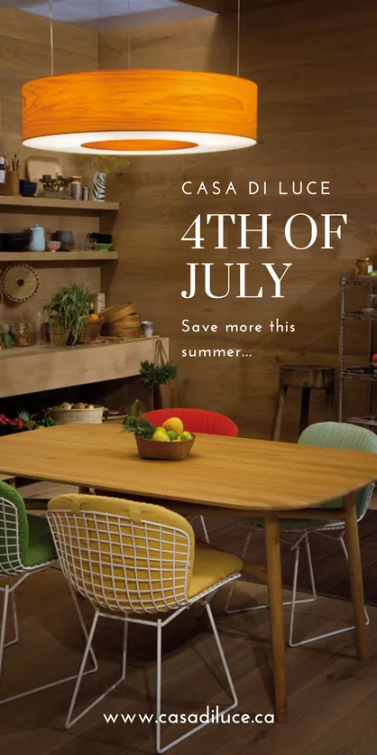 Casa Di Luce 4th of July sale email with an orange pendant over a dining table