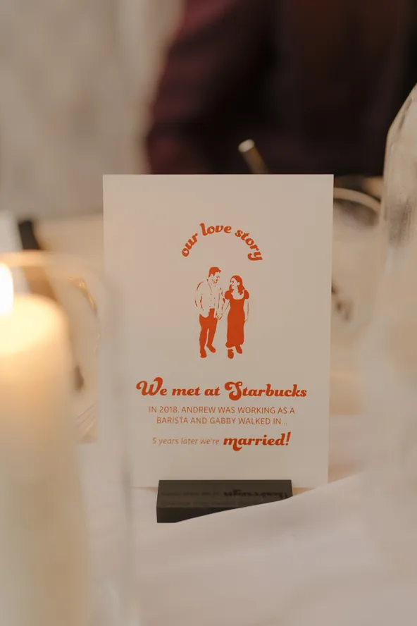 Wedding signage card on a table by candlelight