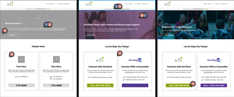 ROCK website page designs with support options for families