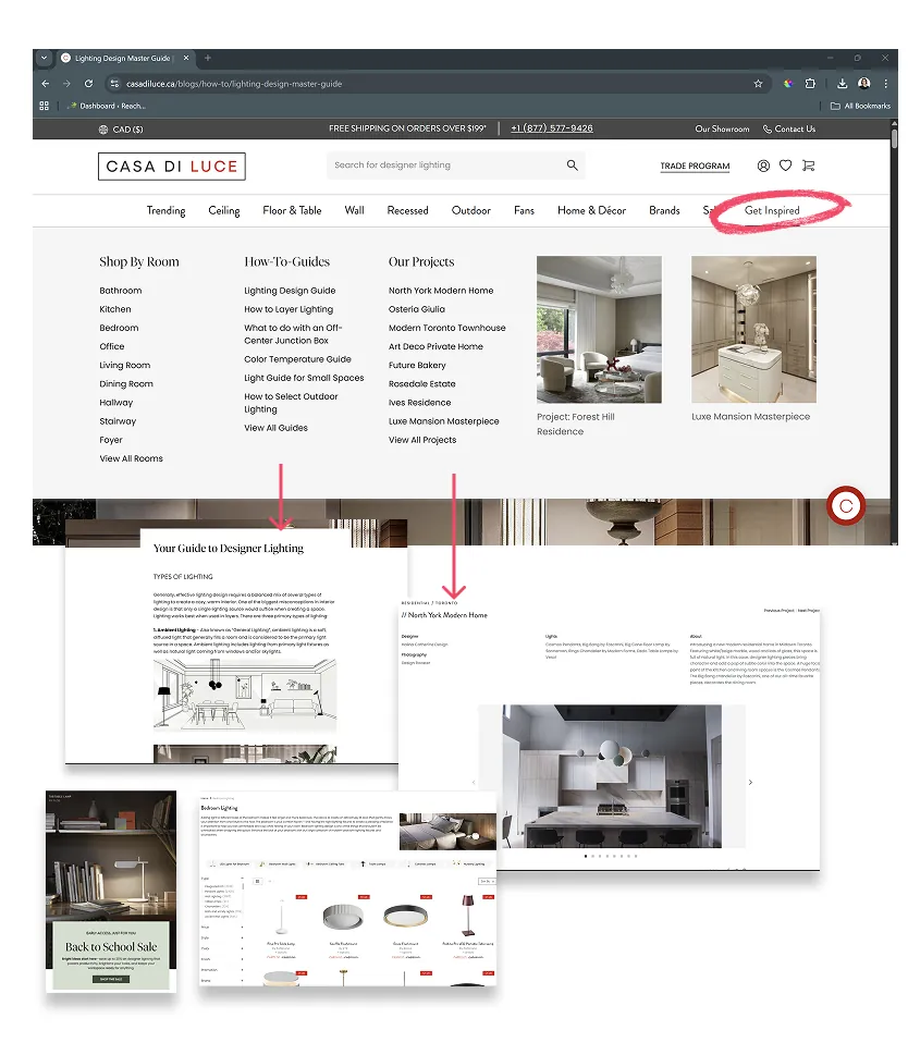 Casa Di Luce website menu and lighting guide pages
