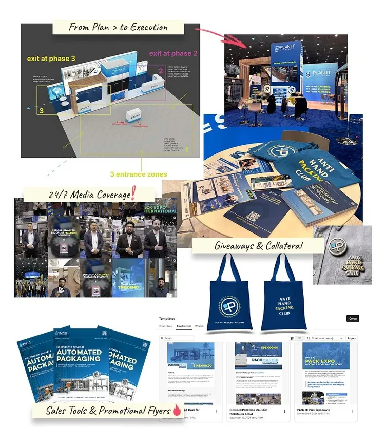 Collage of PLAN IT booth renders, event photos, tote bags and printed collateral