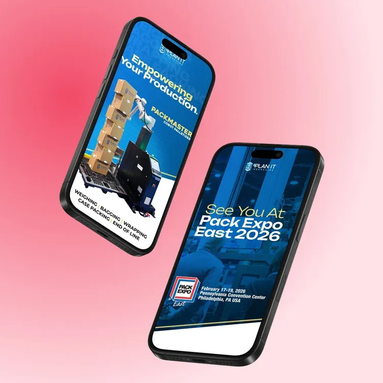 Two phones showing trade show social posts