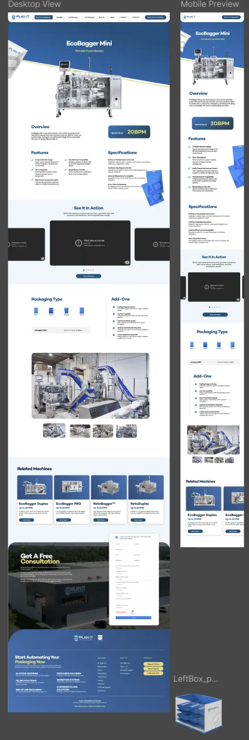 Desktop and mobile product page design for a packaging machine